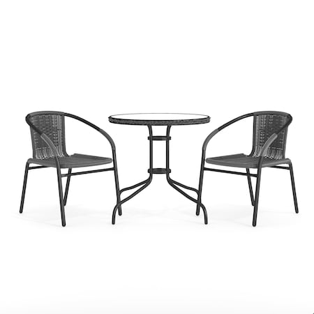 Flash Furniture Round Table Set, Aluminum, Glass, Metal, Plastic, Rattan, Clear TLH-087RD-037GY2-GG